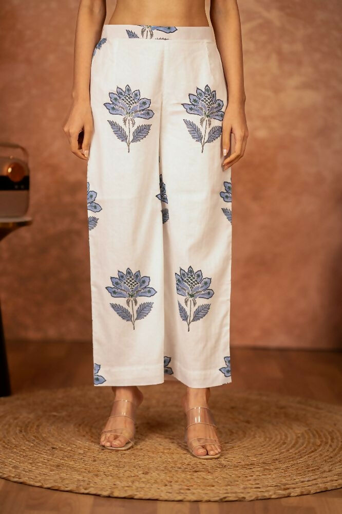 Off White and Blue Hand Block Printed Cotton Suit Set