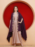 A luxurious purple and rose gold 3-piece skirt set with a matching elegant cape, displayed on a mannequin.