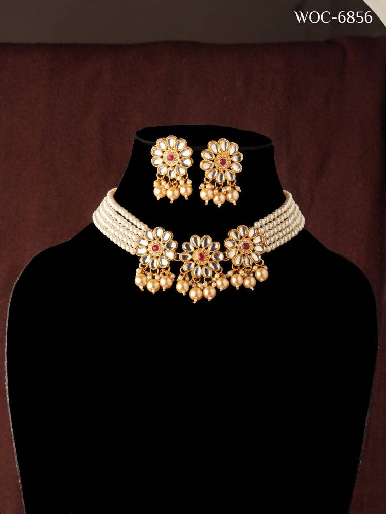 Johar Kamal Golden Beads and Pearl Gold-Polished Jewellery Set