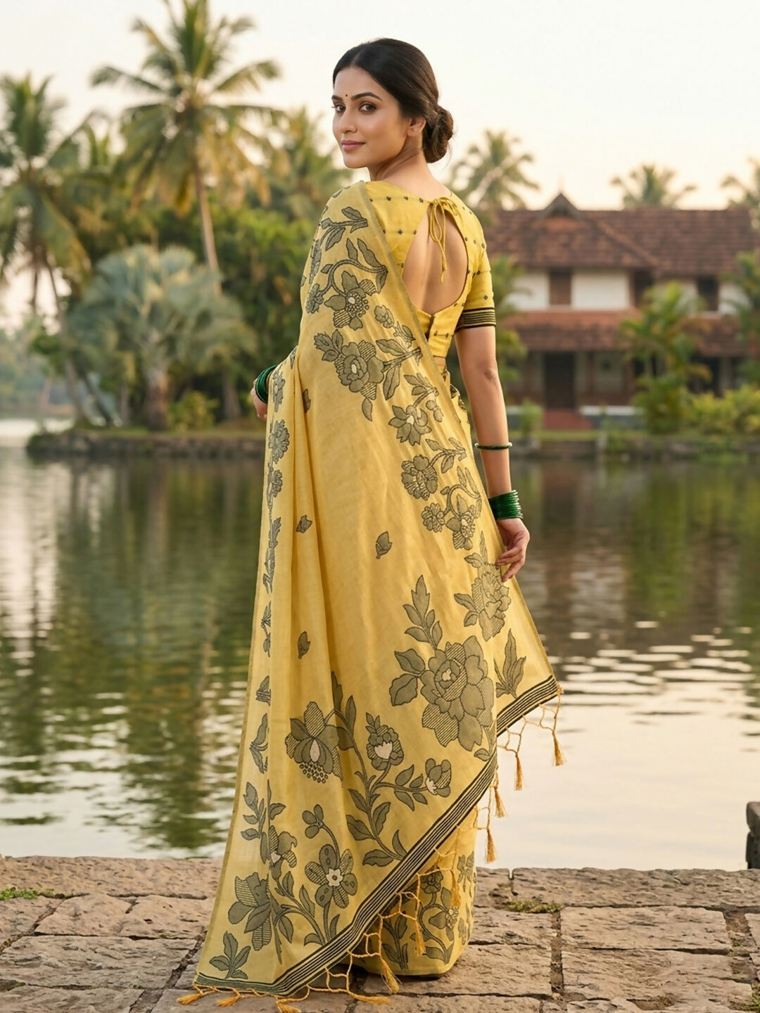 Yellow Linen Cotton Saree with Matching Blouse Piece