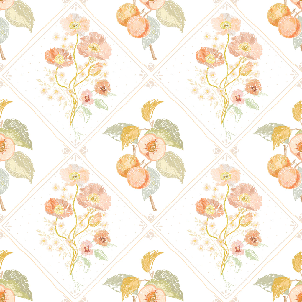 Ingrid Floral Removable Wallpaper in White, Peach and Sage-Green