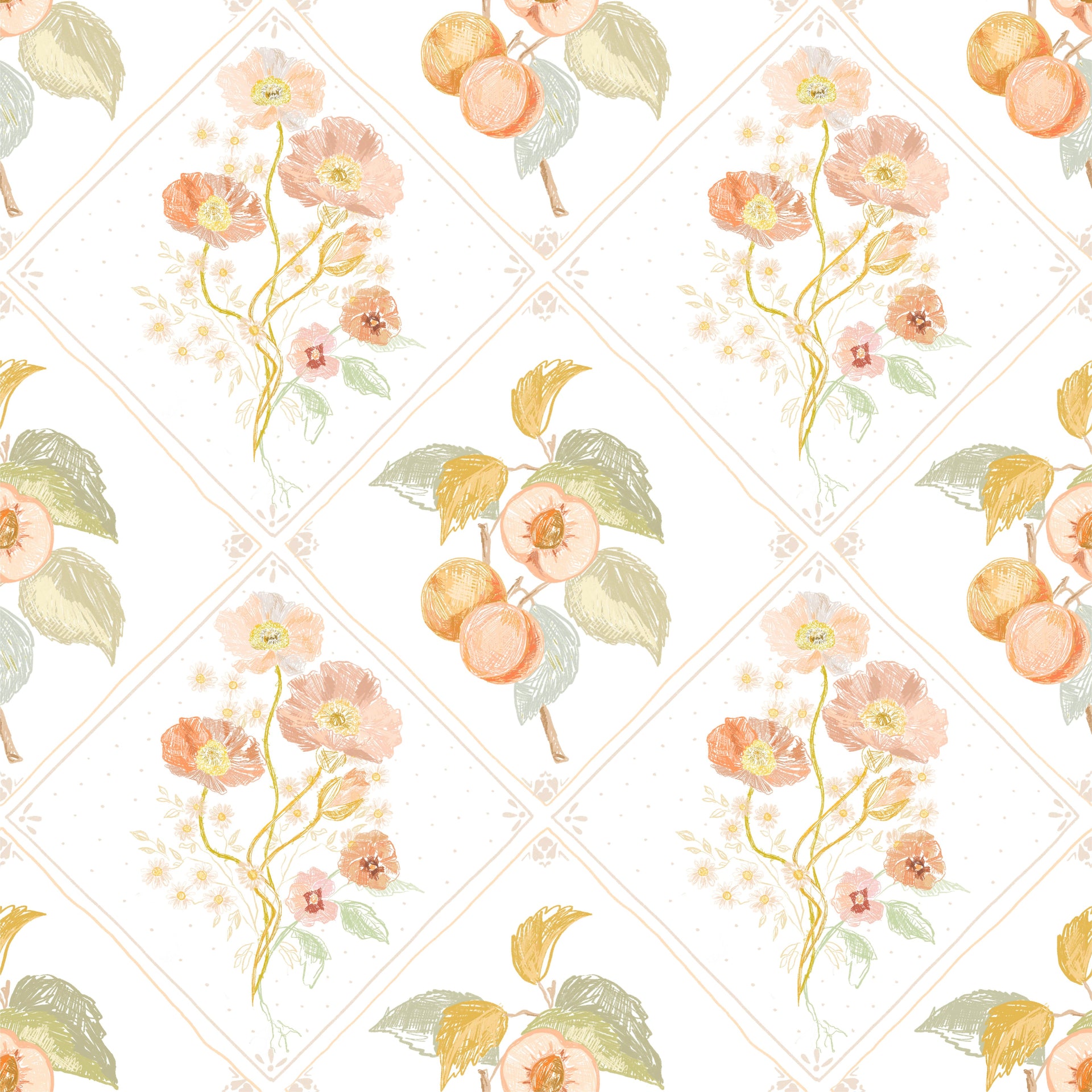 Ingrid Floral Removable Wallpaper in White, Peach and Sage-Green
