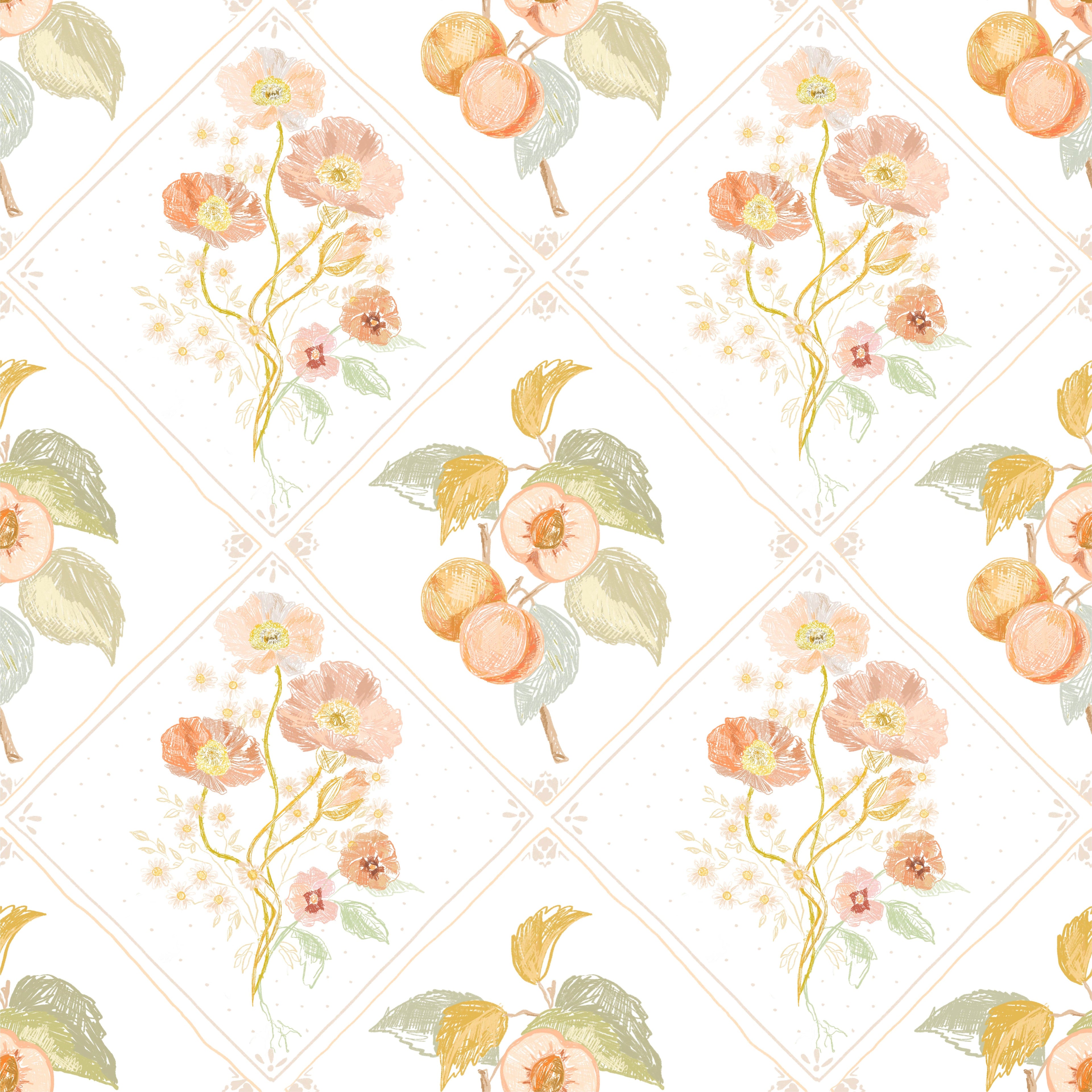 Ingrid Floral Removable Wallpaper in White, Peach and Sage-Green