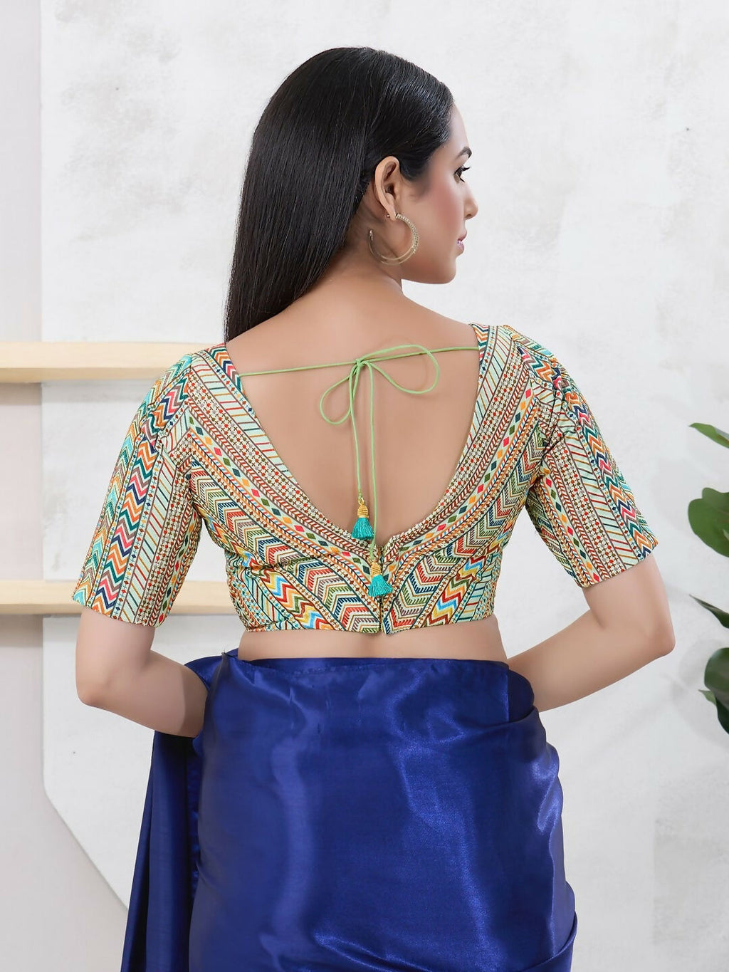 Pista-Green Shifli Sleeveless V-Neck Blouse with Back Open