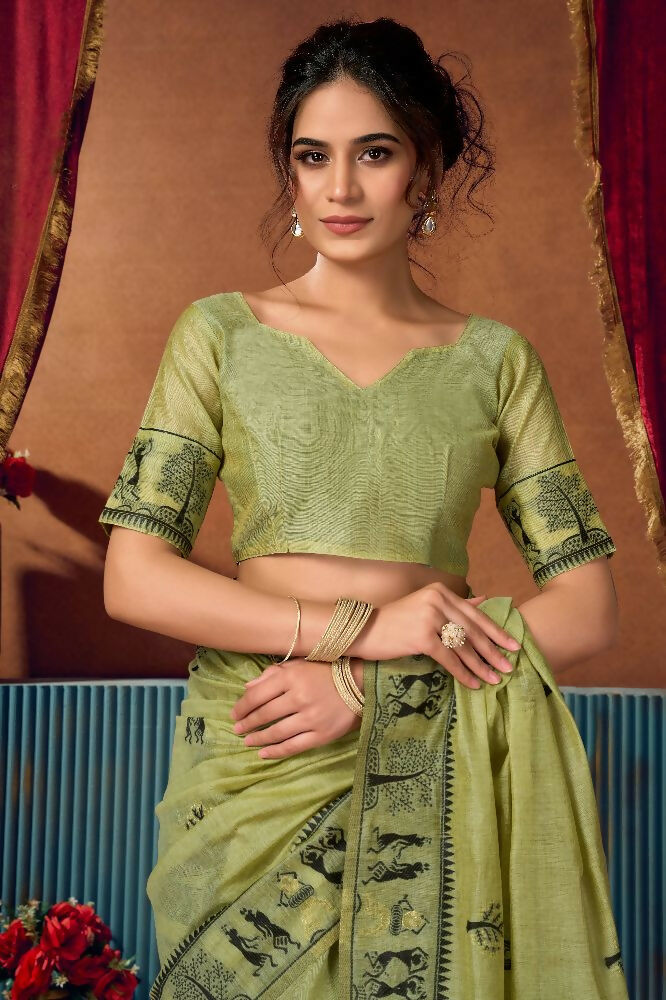 Green Modal Saree with Zari Woven Border and Blouse Piece