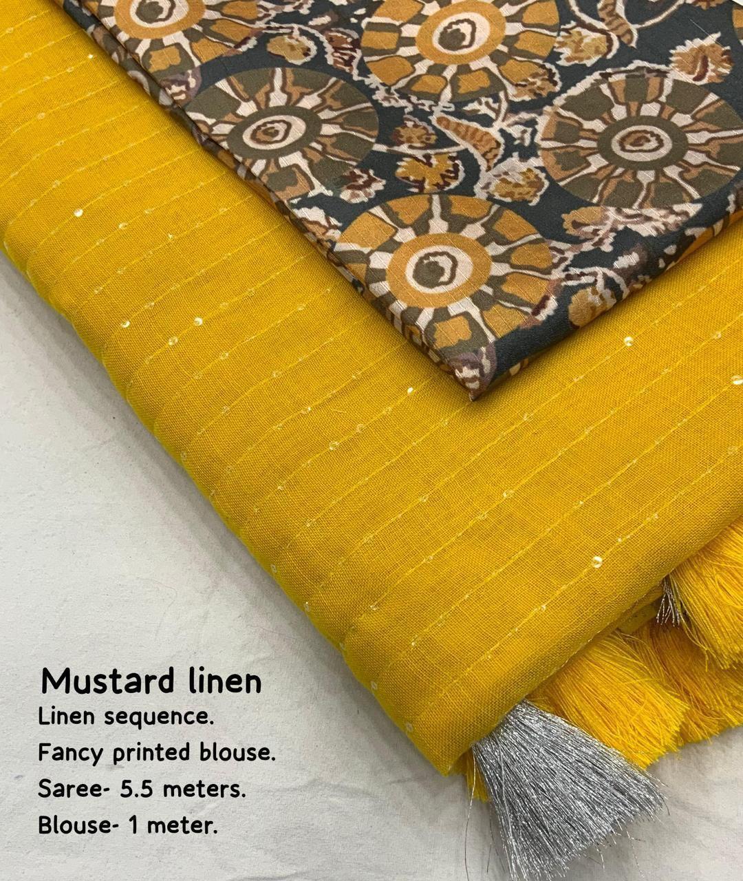 Mustard Linen Saree with Sequence and Golden Pattu Border