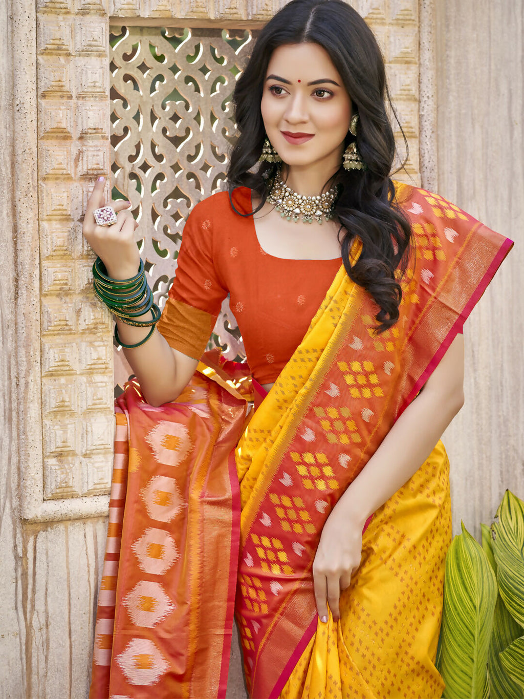 Yellow Pochampalli Silk Saree with Contrast Pink Blouse