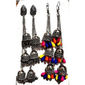 Close-up of Kashmiri Triple Jhumki earrings in oxidised silver finish
