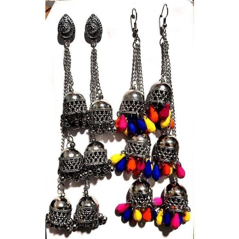 Close-up of Kashmiri Triple Jhumki earrings in oxidised silver finish