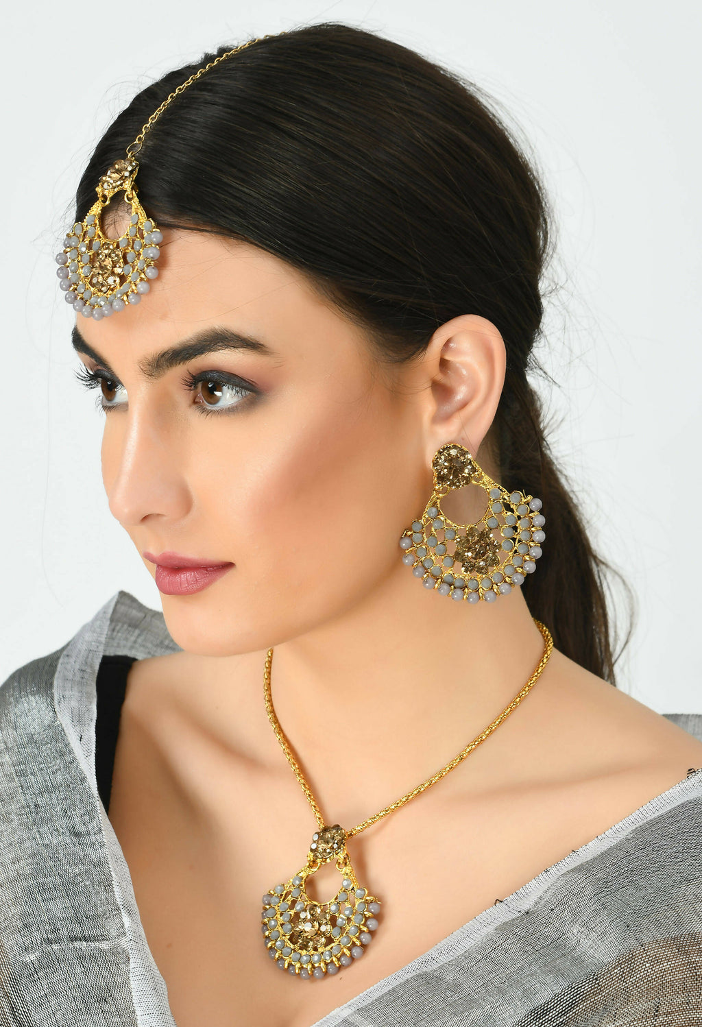 Golden and Grey Long Statement Necklace in Gold-Polished Brass