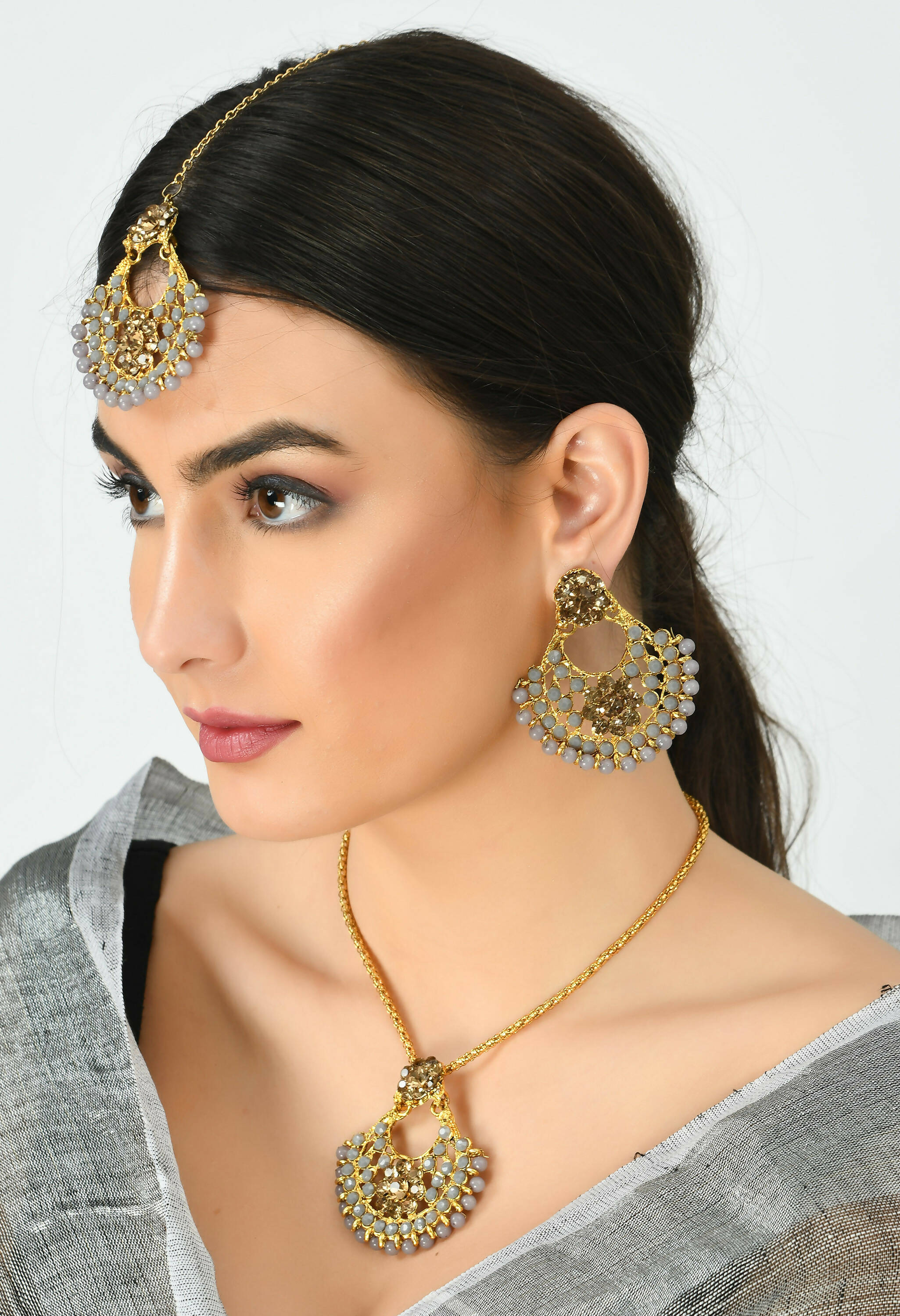 Golden and Grey Long Statement Necklace in Gold-Polished Brass