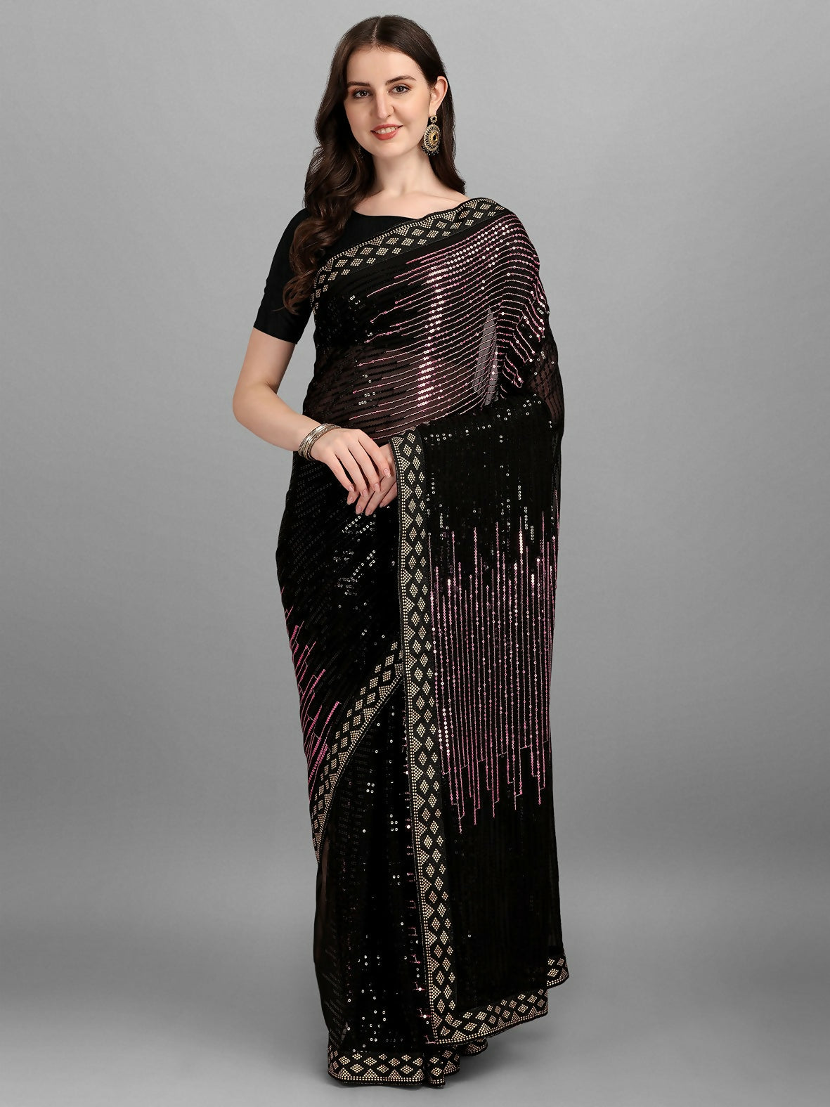 Vegaa Fashion Black Georgette Embroidered Party Wear Saree
