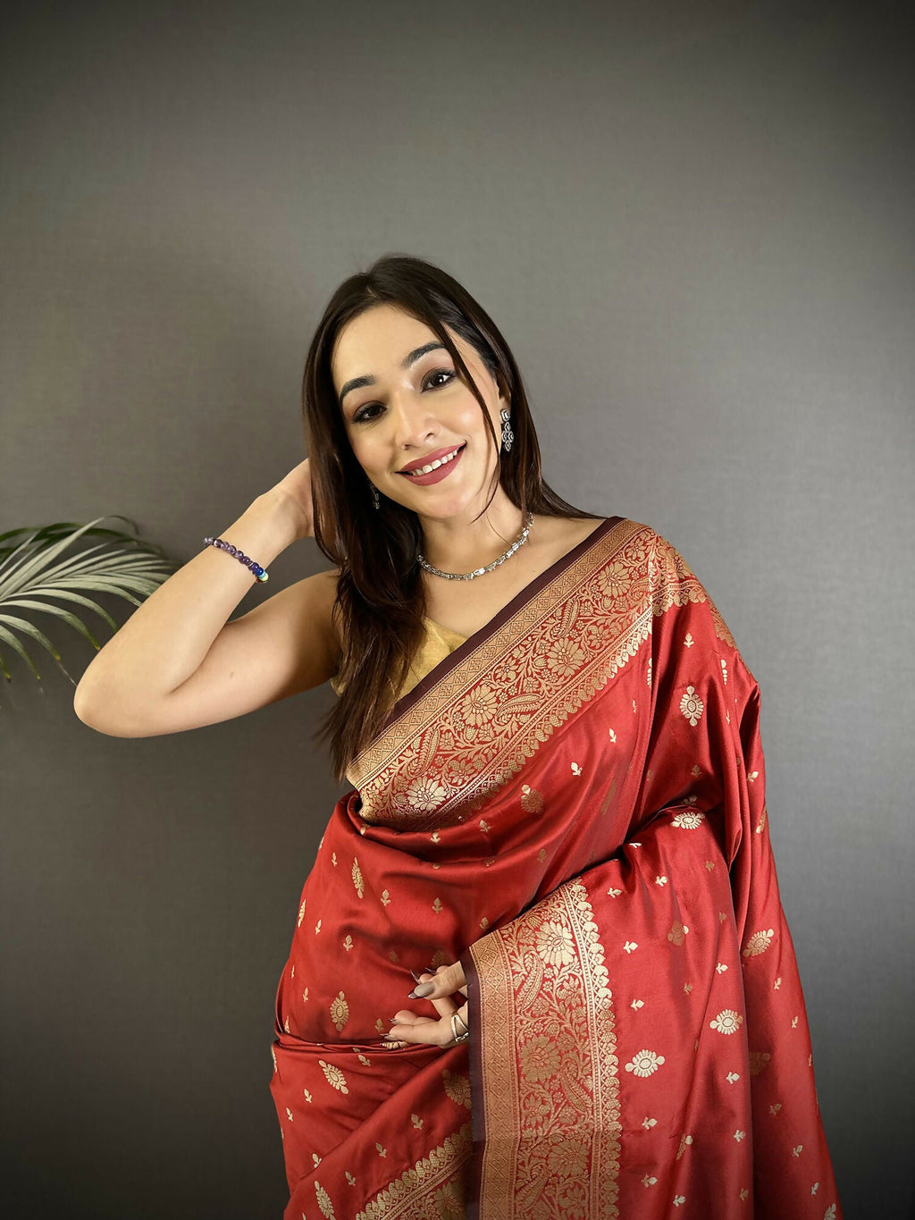 Red Lichi Silk Banarasi Saree with Zari Weaving Motifs & Blouse