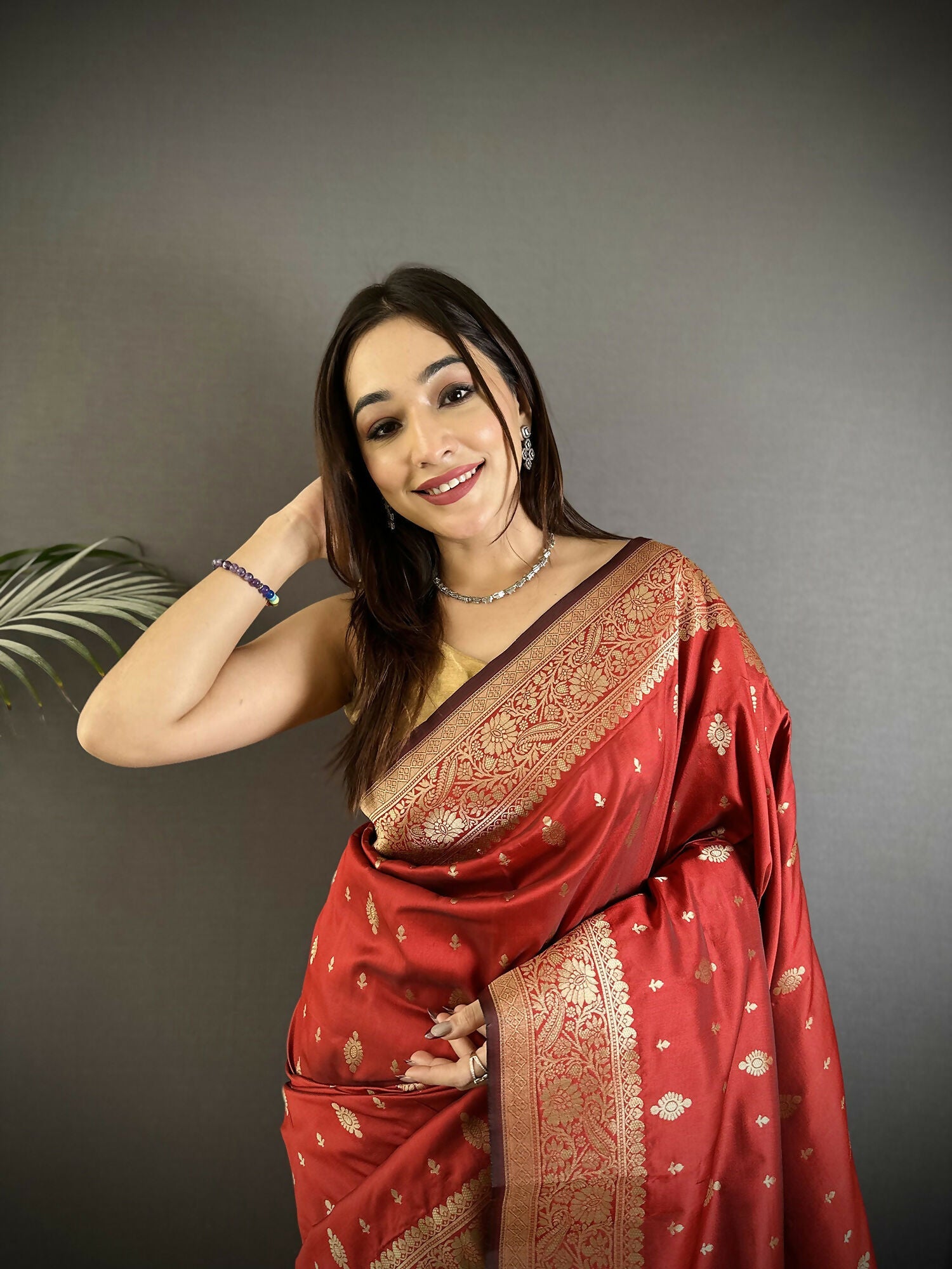 Red Lichi Silk Banarasi Saree with Zari Weaving Motifs & Blouse