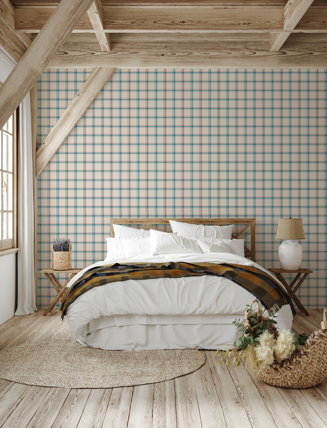 Chad Plaid Wallpaper in Cream and Blue - Modern Farmhouse Decor