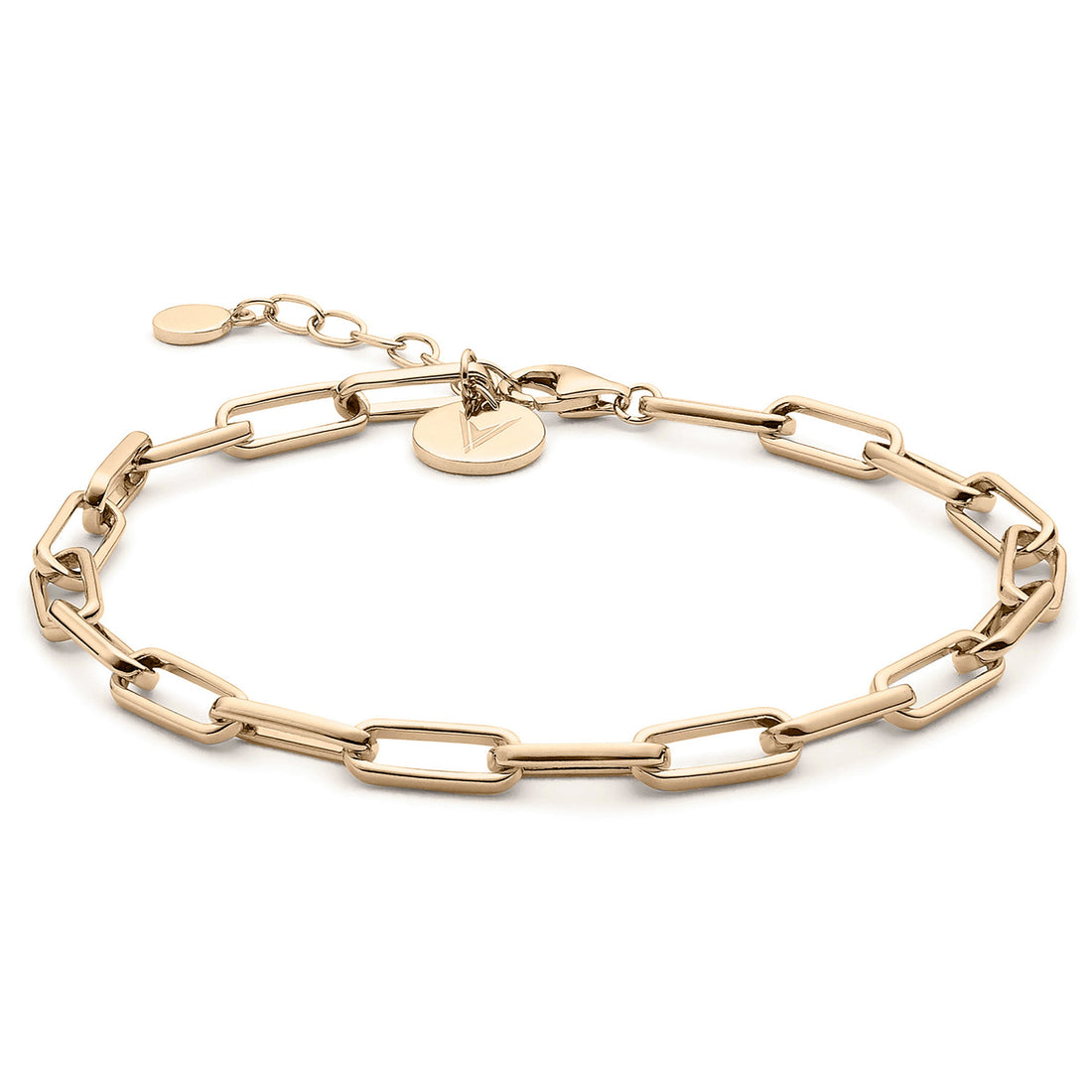 Close up of 14K gold-plated chain link bracelet with adjustable lobster claw clasp