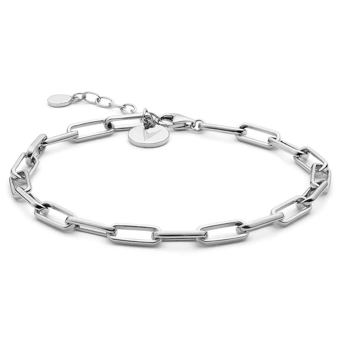 Close up of a polished 925 Sterling Silver chain link bracelet with an adjustable lobster claw clasp.