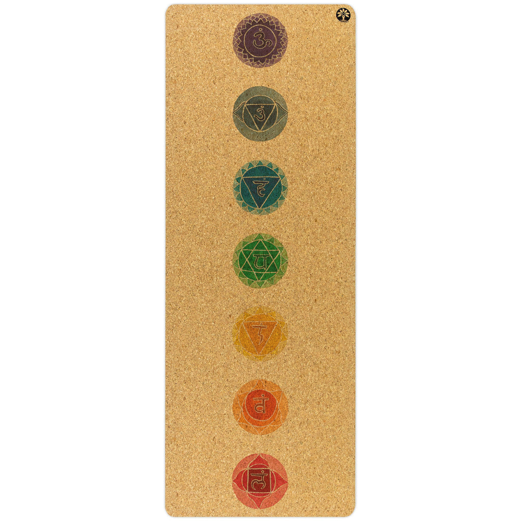 Chakras Original Cork Yoga Mat in brown and green with geometric design