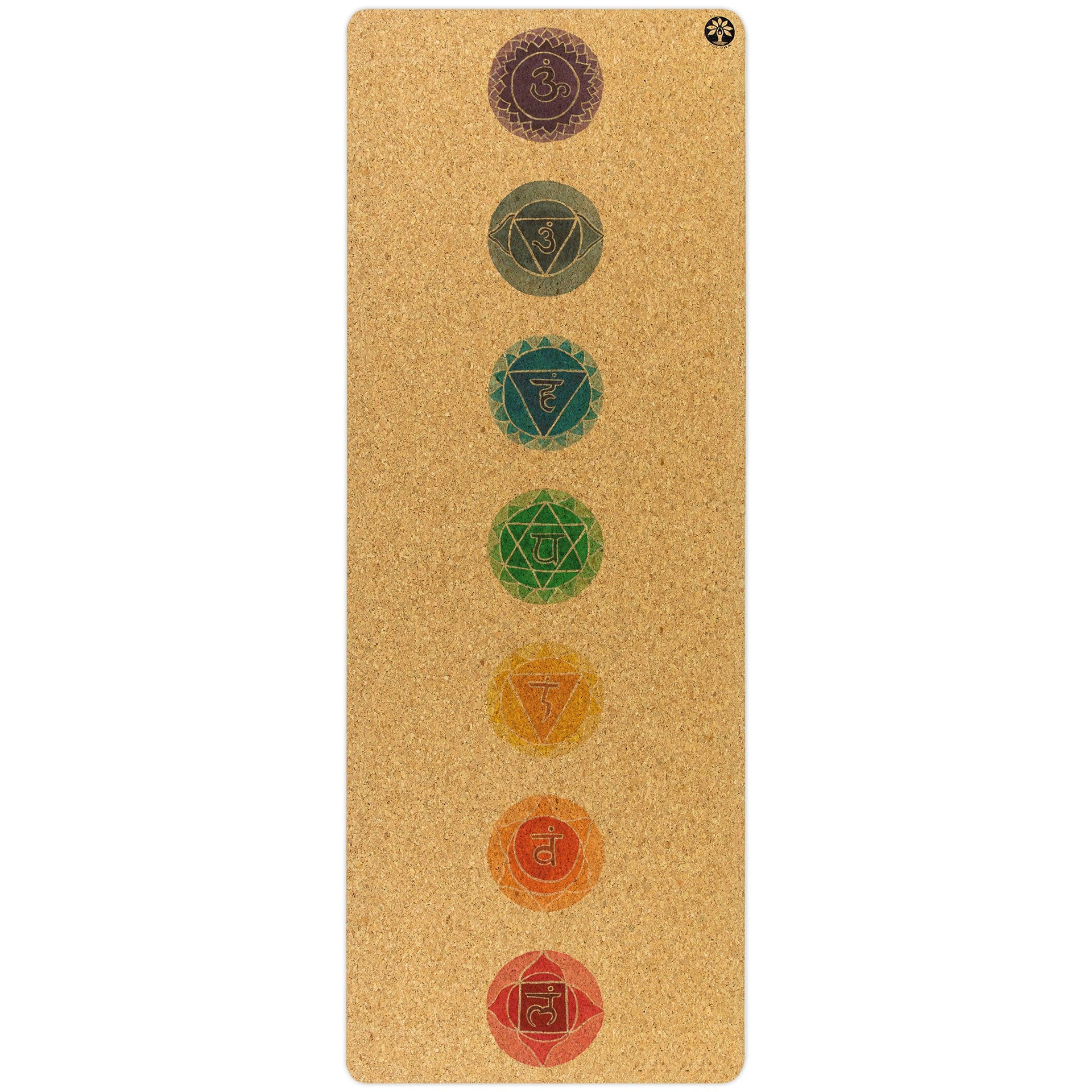 Chakras Original Cork Yoga Mat in brown and green with geometric design