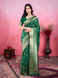 Green Litchi silk Banarasi saree with detailed Jacquard Zari patterns.