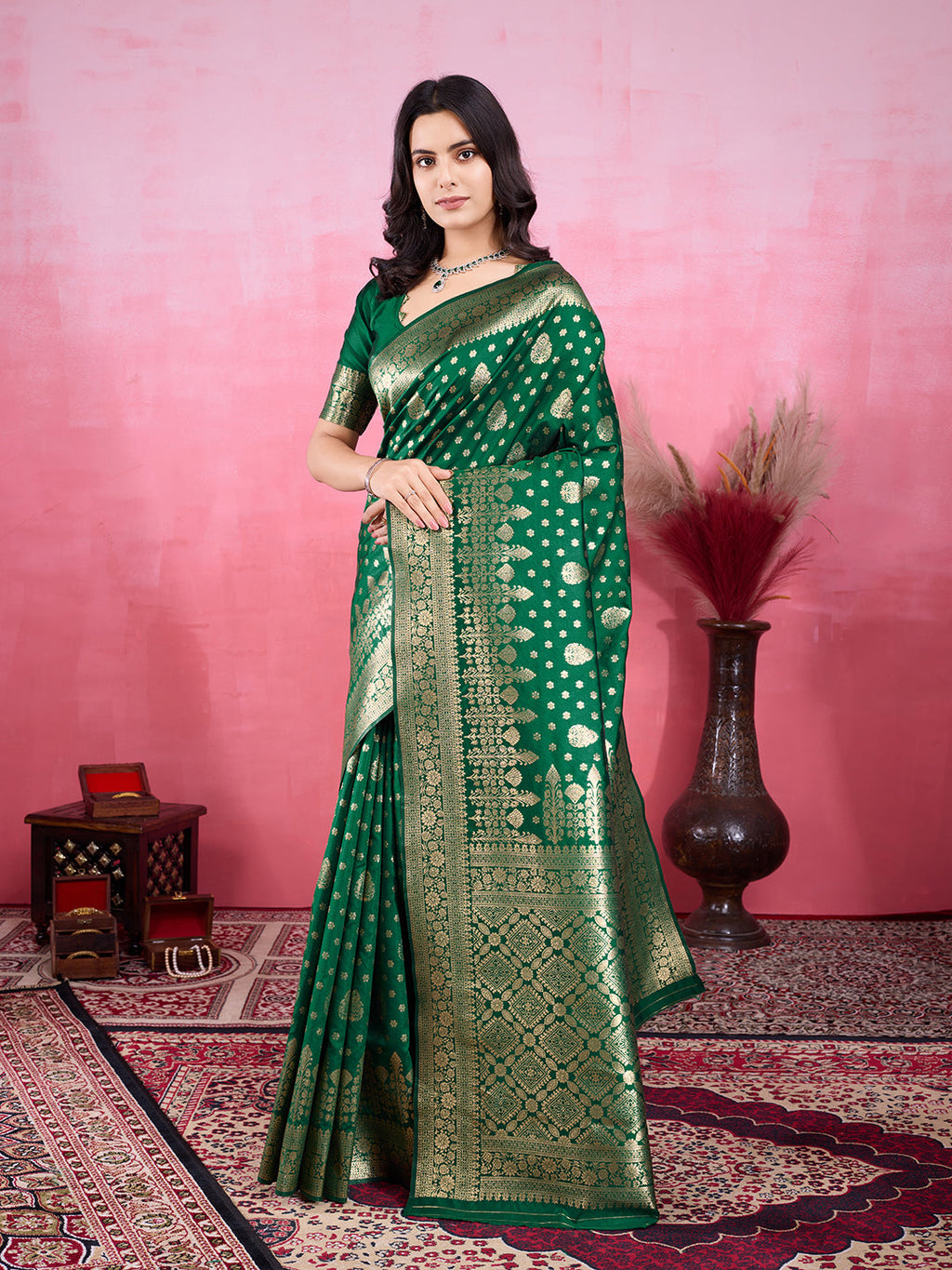Green Litchi Silk Banarasi Saree with Jacquard Zari Details