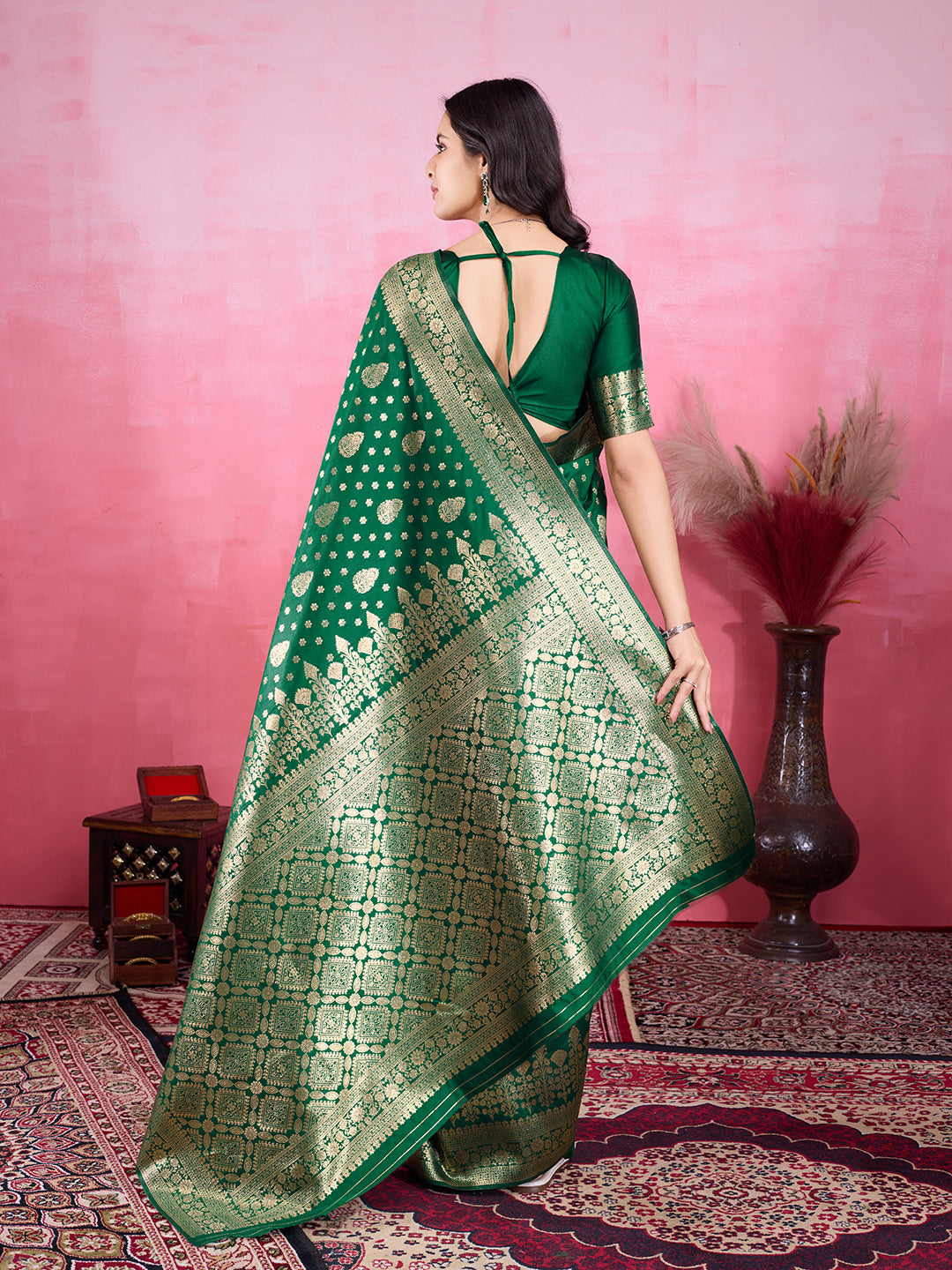 Green Litchi Silk Banarasi Saree with Jacquard Zari Details