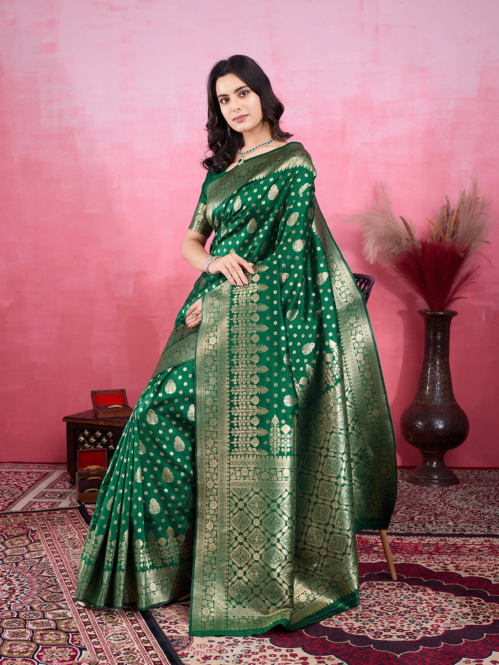 Green Litchi Silk Banarasi Saree with Jacquard Zari Details