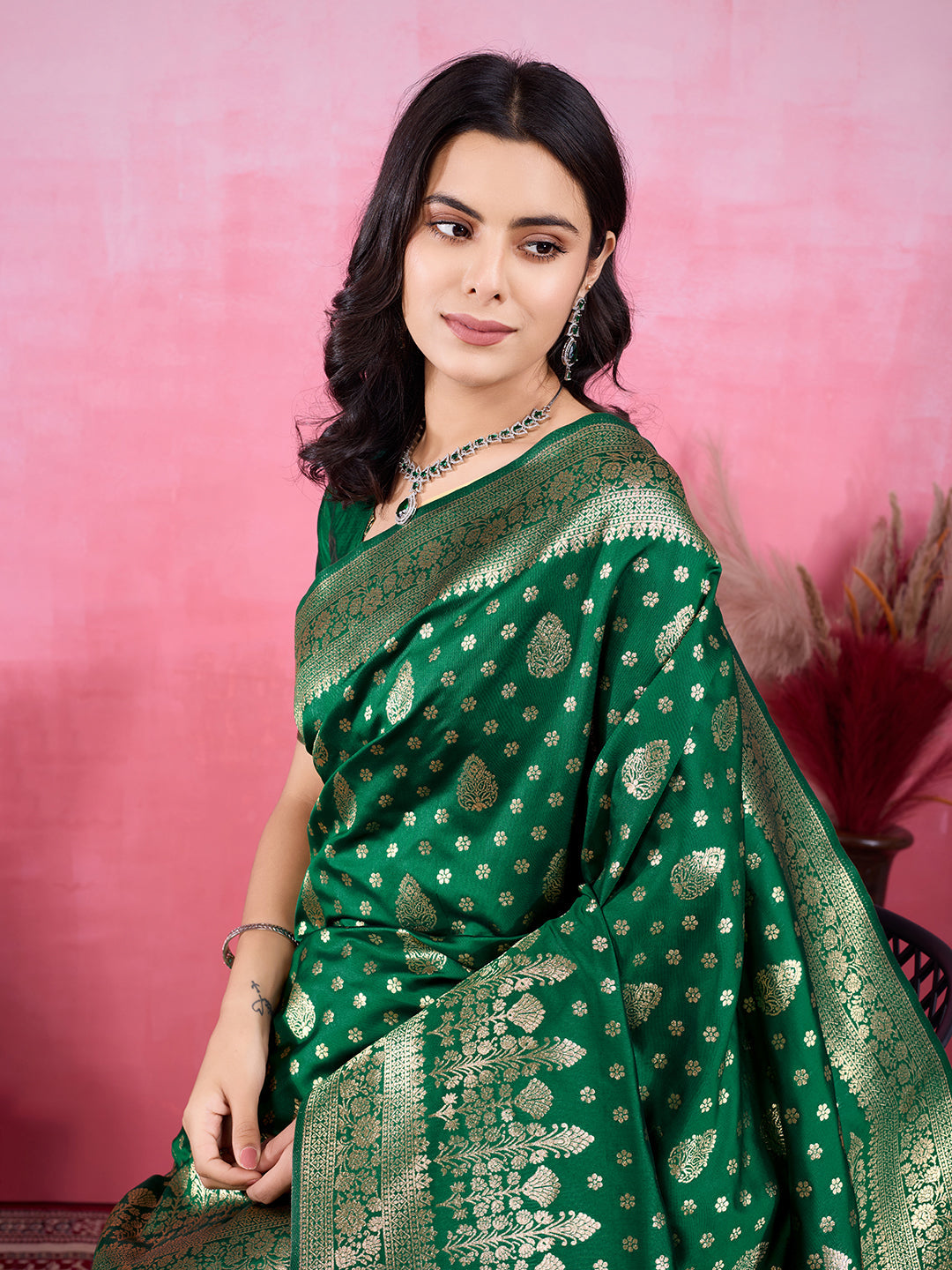 Green Litchi Silk Banarasi Saree with Jacquard Zari Details