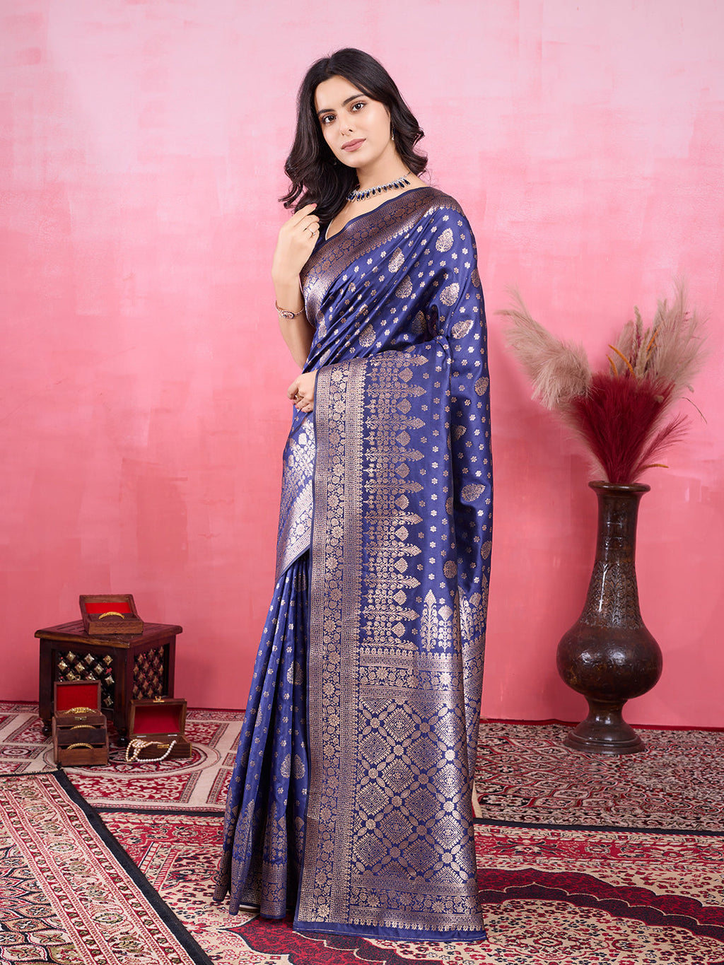 Navy Blue Litchi Silk Banarasi Saree with Jacquard Zari Work