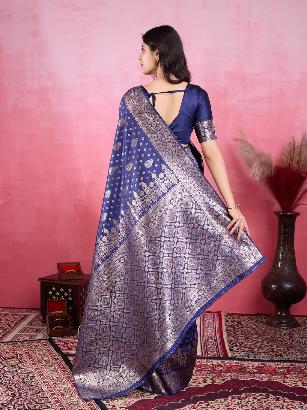 Navy Blue Litchi Silk Banarasi Saree with Jacquard Zari Work