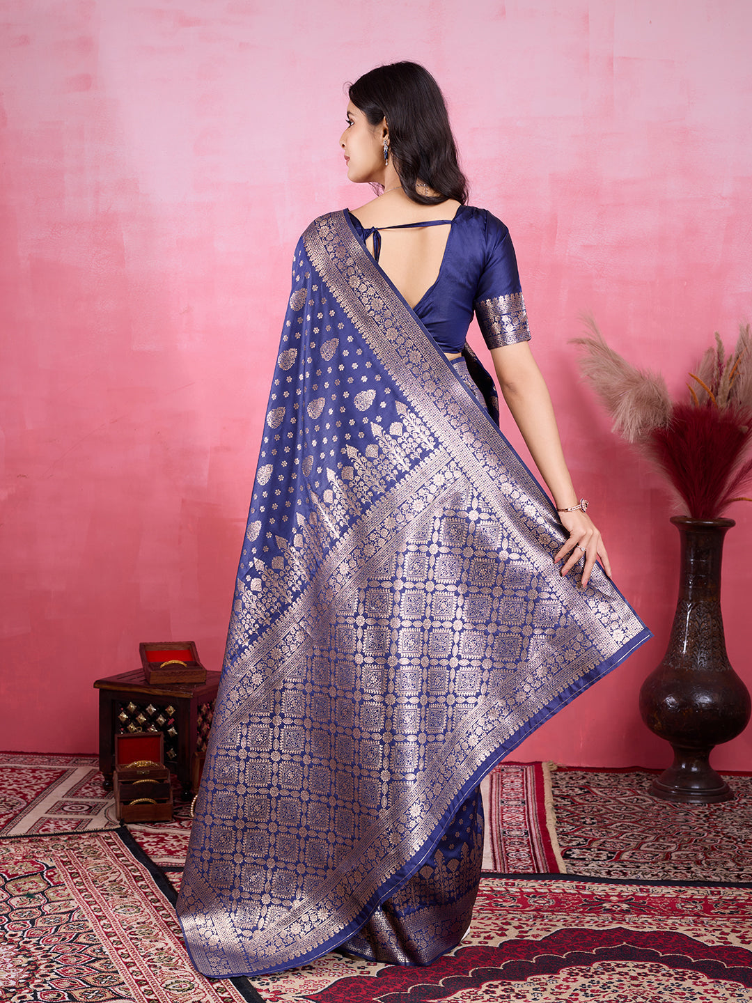 Navy Blue Litchi Silk Banarasi Saree with Jacquard Zari Work
