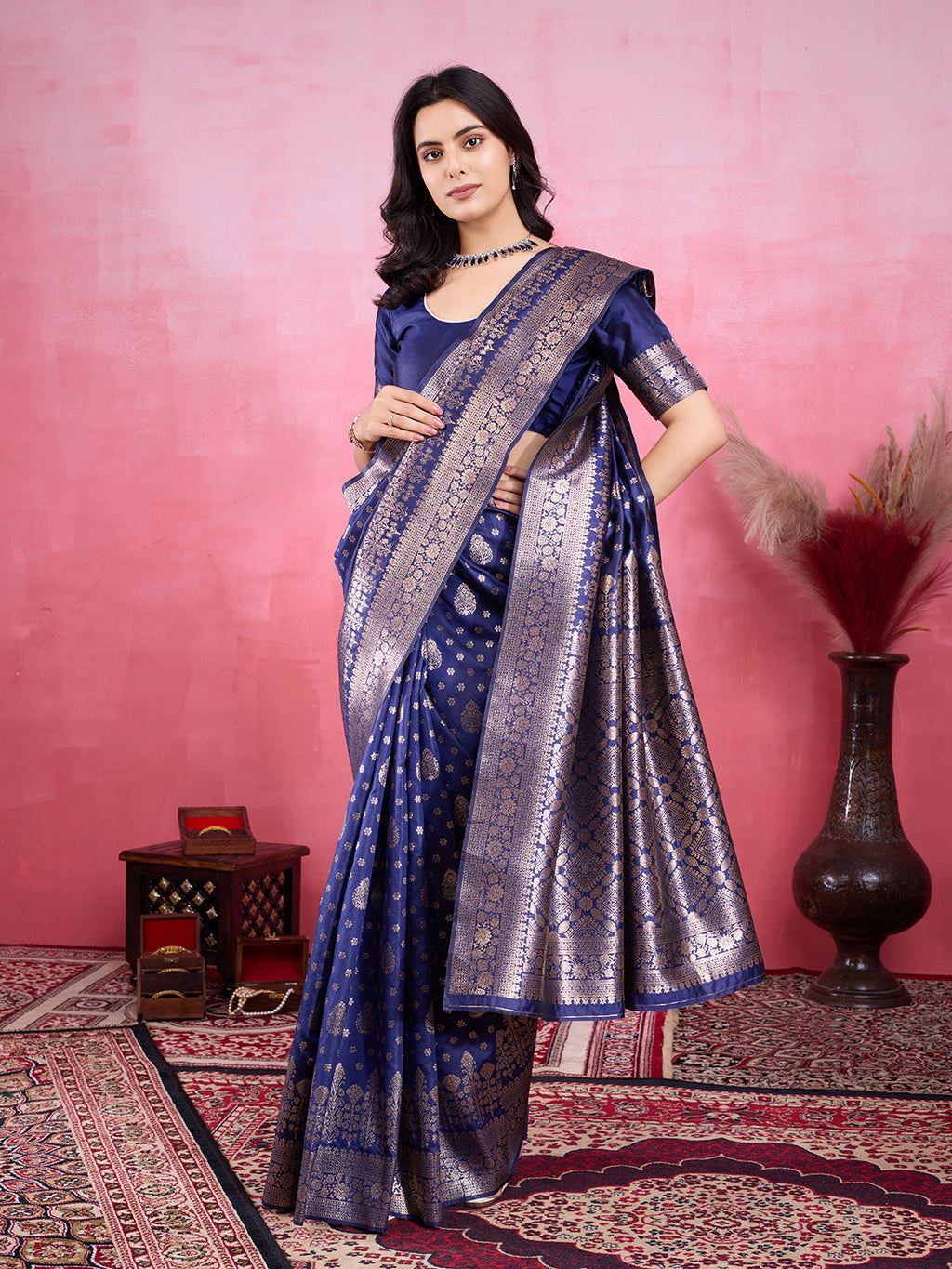 Navy Blue Litchi Silk Banarasi Saree with Jacquard Zari Work