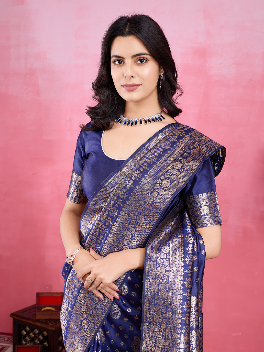 Navy Blue Litchi Silk Banarasi Saree with Jacquard Zari Work