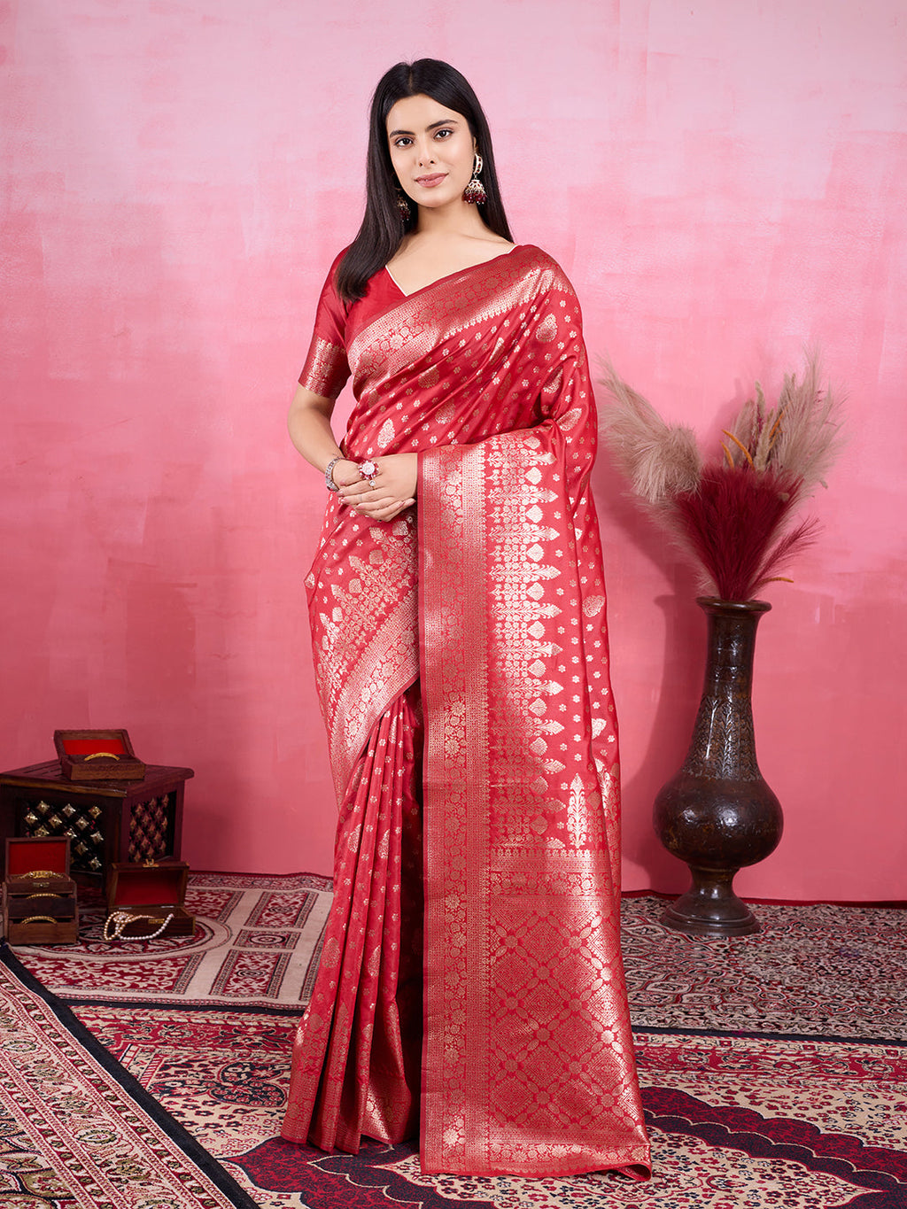 Red Litchi Silk Banarasi Saree with Jacquard Zari Details