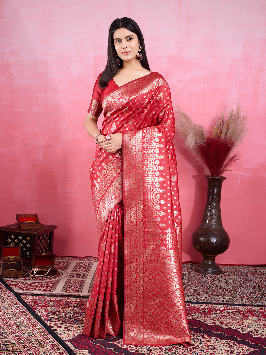 Red Litchi Silk Banarasi Saree with Jacquard Zari Details
