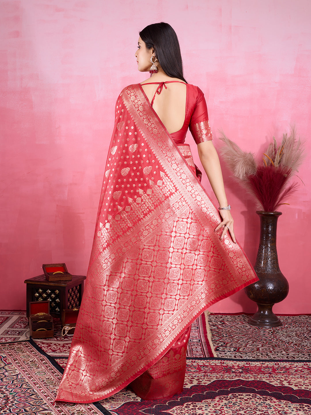 Red Litchi Silk Banarasi Saree with Jacquard Zari Details