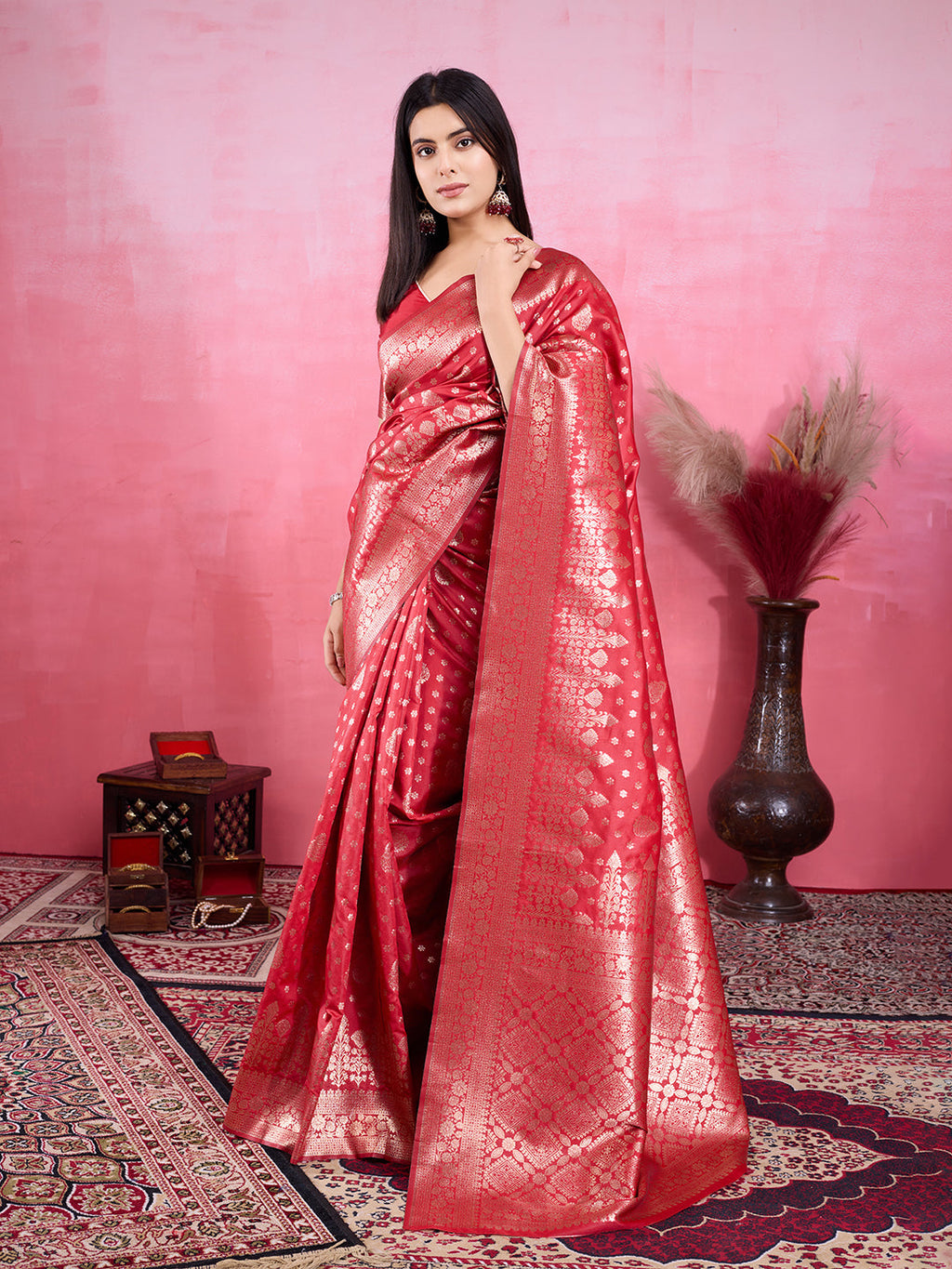 Red Litchi Silk Banarasi Saree with Jacquard Zari Details