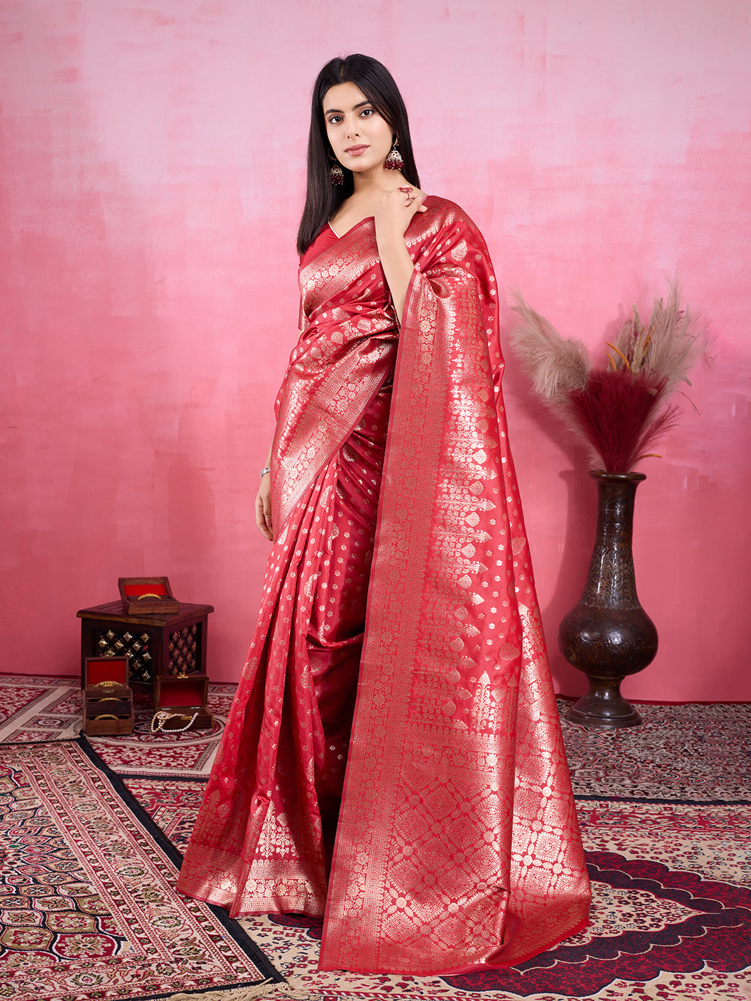 Red Litchi Silk Banarasi Saree with Jacquard Zari Details