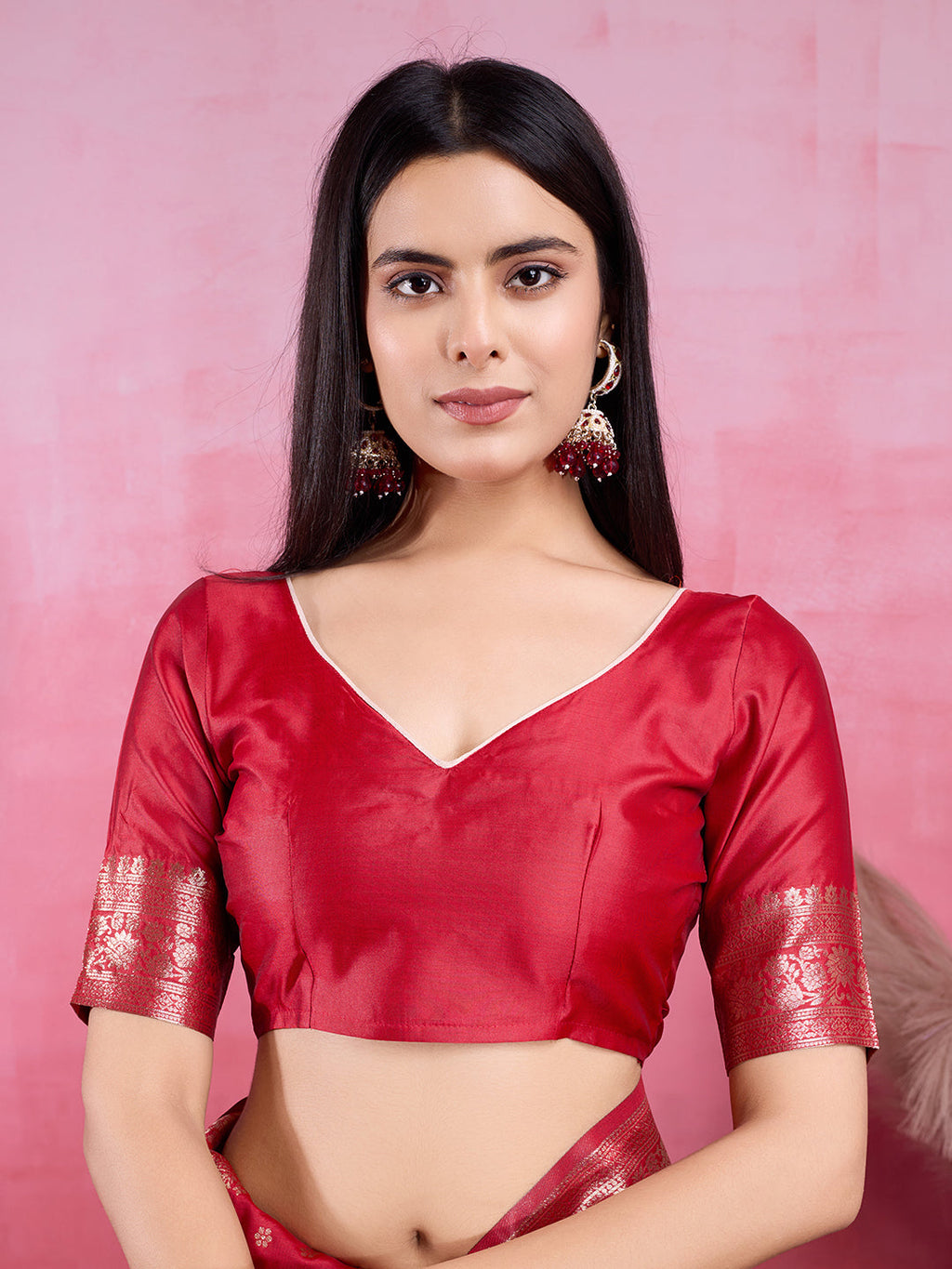 Red Litchi Silk Banarasi Saree with Jacquard Zari Details