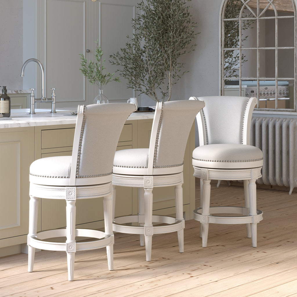 Charlotte Swivel Barstool in White with Grey Fabric