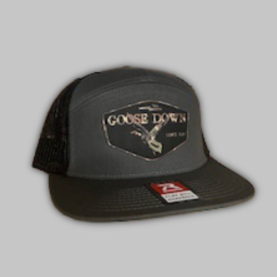 Goose Down 7-panel flat bill camo snapback hat available in grey, black, tan, brown, and green.