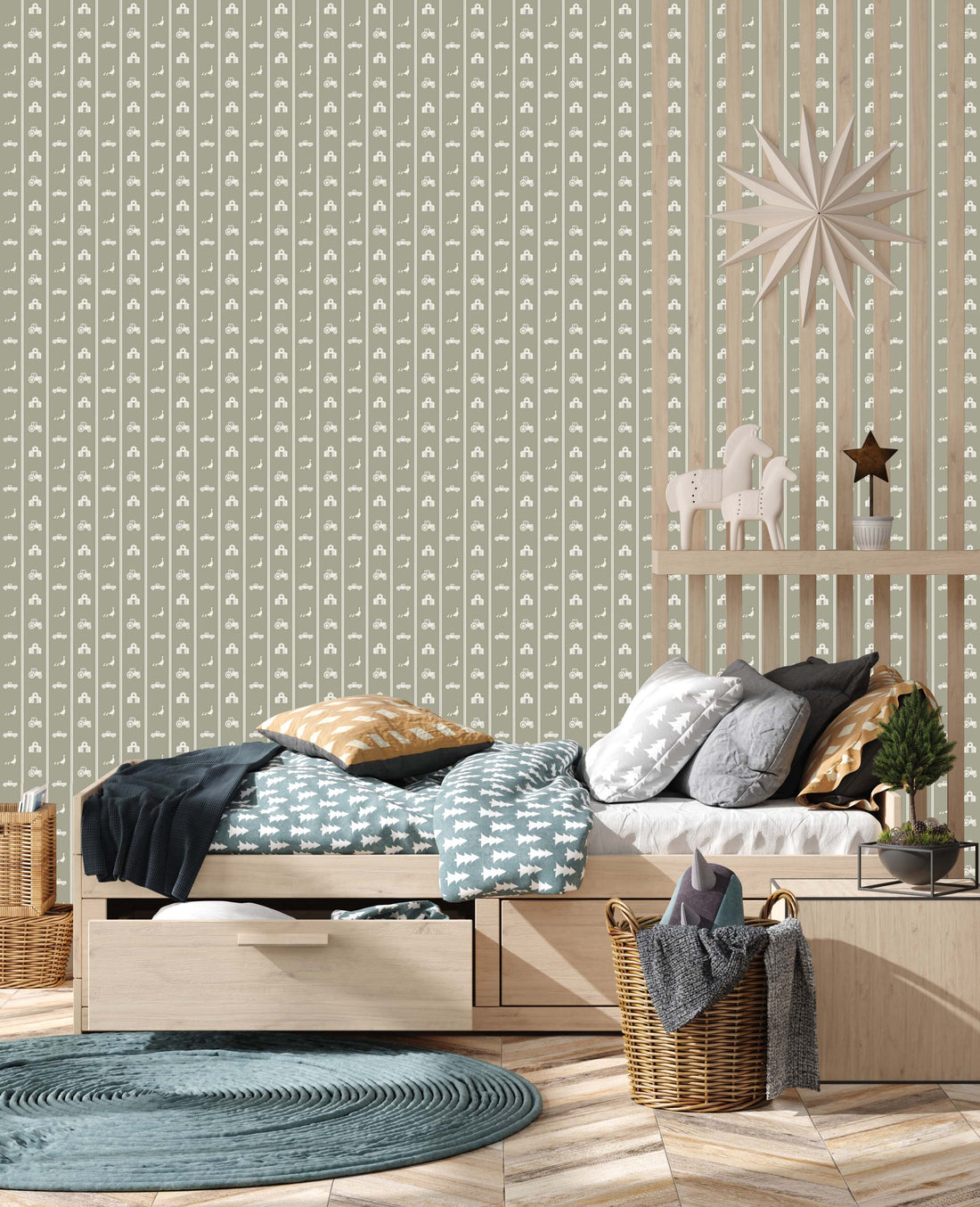 Charlie Geometric Wallpaper - Sage-Green & White Farmhouse