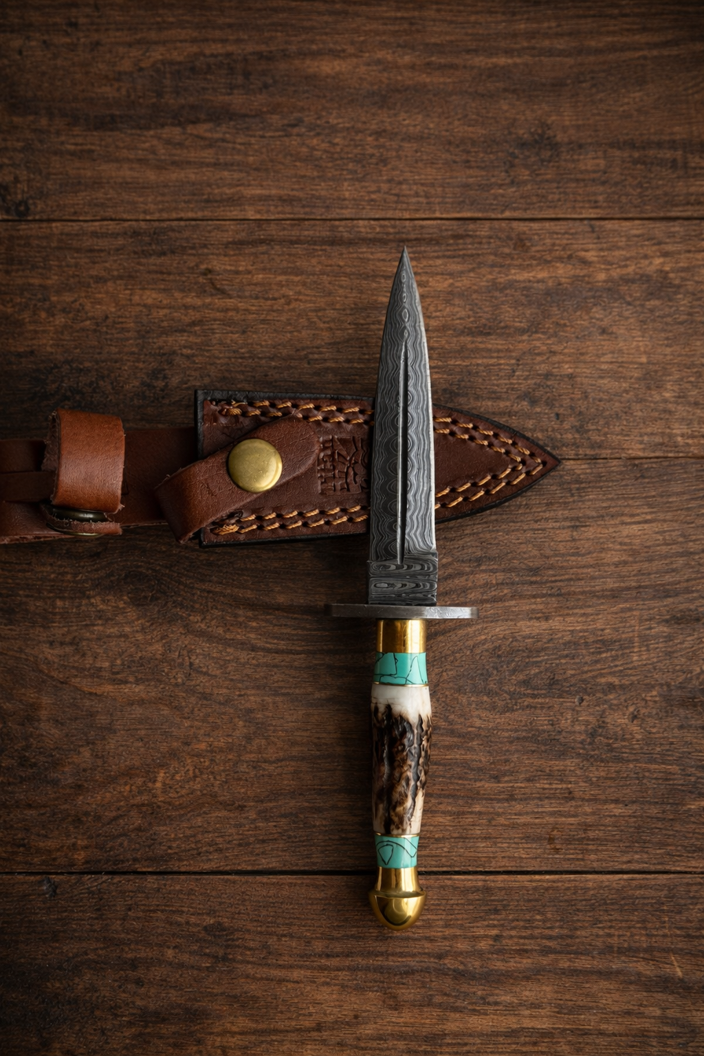 Handcrafted Damascus Utility Knife with Stag Handle - Rustic 8-10"
