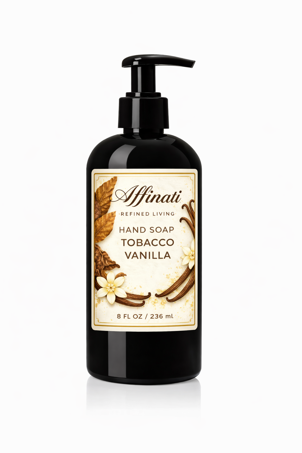 A black bottle of Tobacco Vanilla hand soap with a pump dispenser, featuring a label with tobacco leaf and vanilla flower illustrations.