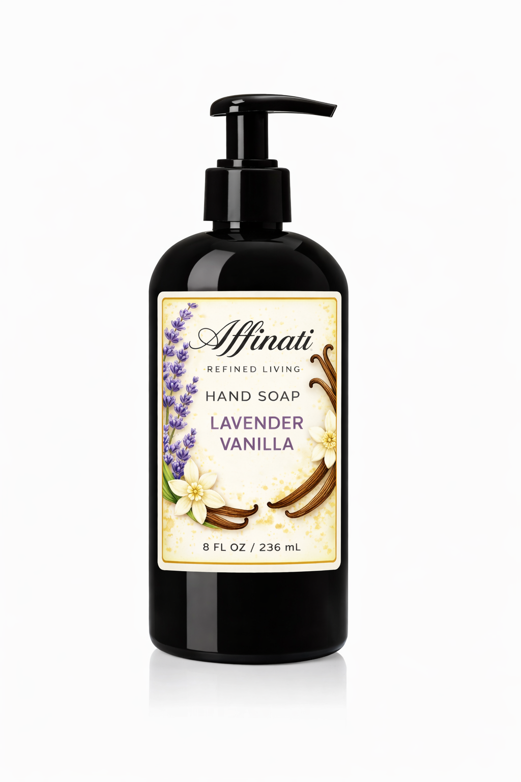 A black pump bottle of Lavender Vanilla hand soap with a decorative label featuring lavender sprigs and vanilla beans.