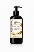 A black pump bottle of Lavender Vanilla hand soap with a decorative label featuring lavender sprigs and vanilla beans.