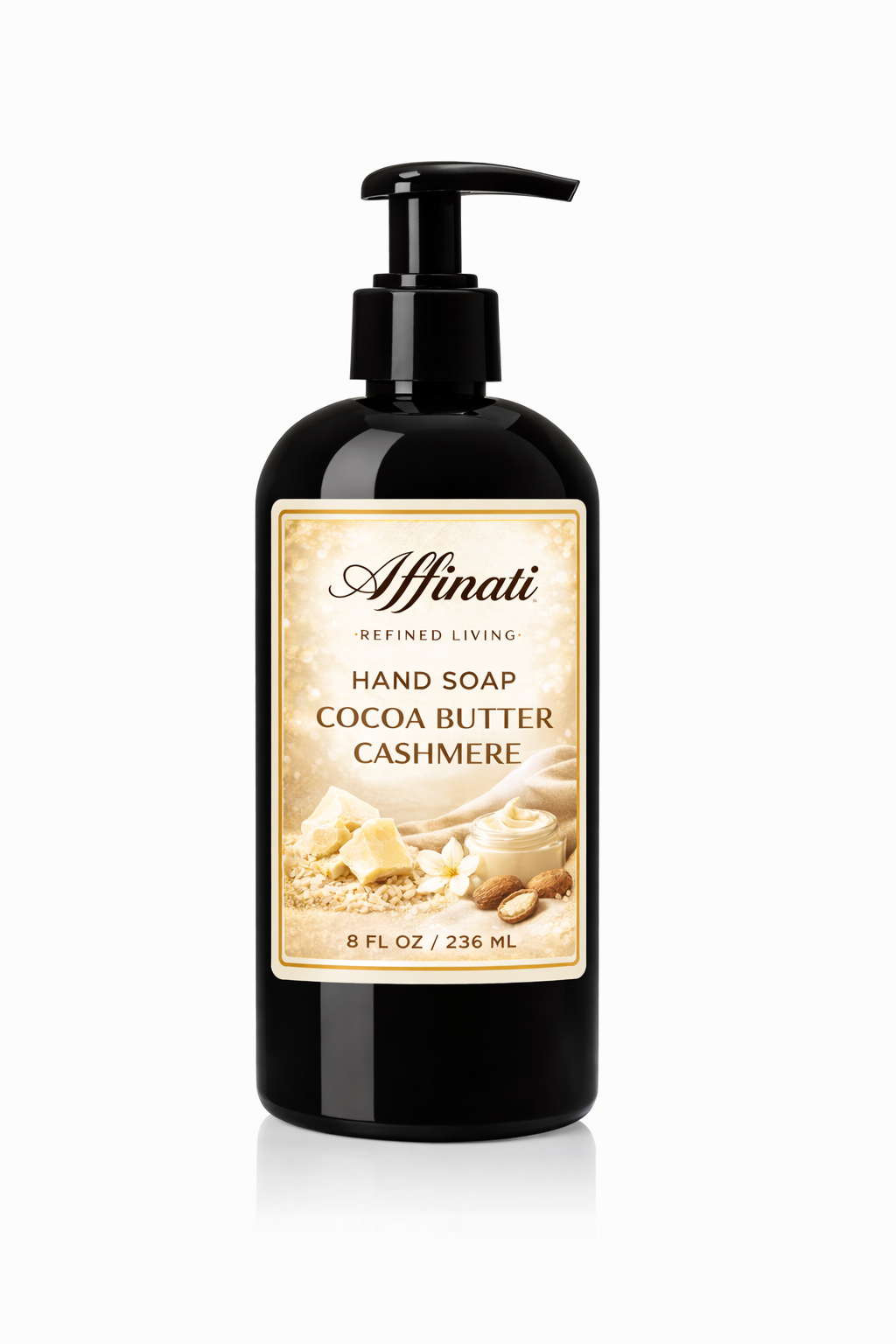 A dark bottle of Affinati Cocoa Butter Cashmere hand soap with a pump dispenser against a white background.