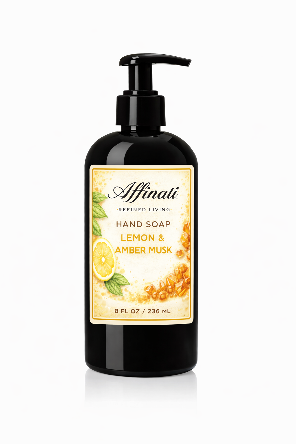 A sleek black pump bottle of Affinati Lemon and Amber Musk liquid hand soap on a white background