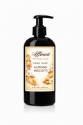 A dark bottle of Affinati Almond Biscotti liquid hand soap with a label featuring almond and biscotti imagery.