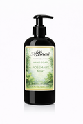 A black pump bottle of Affinati Rosemary Mint liquid hand soap with a decorative herbal label.